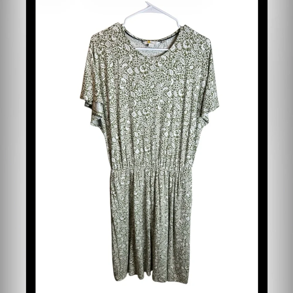 Boden Flutter Sleeve Floral Jersey Dress In Green Ivory W Pockets Size 12L - Picture 2 of 7